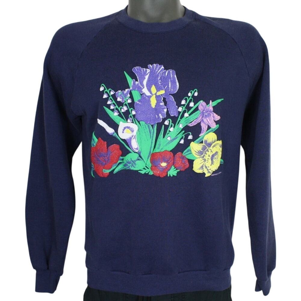 Vintage Jerzees Floral Puff Print Crewneck Sweatshirt Womens L Navy Grandmacore
